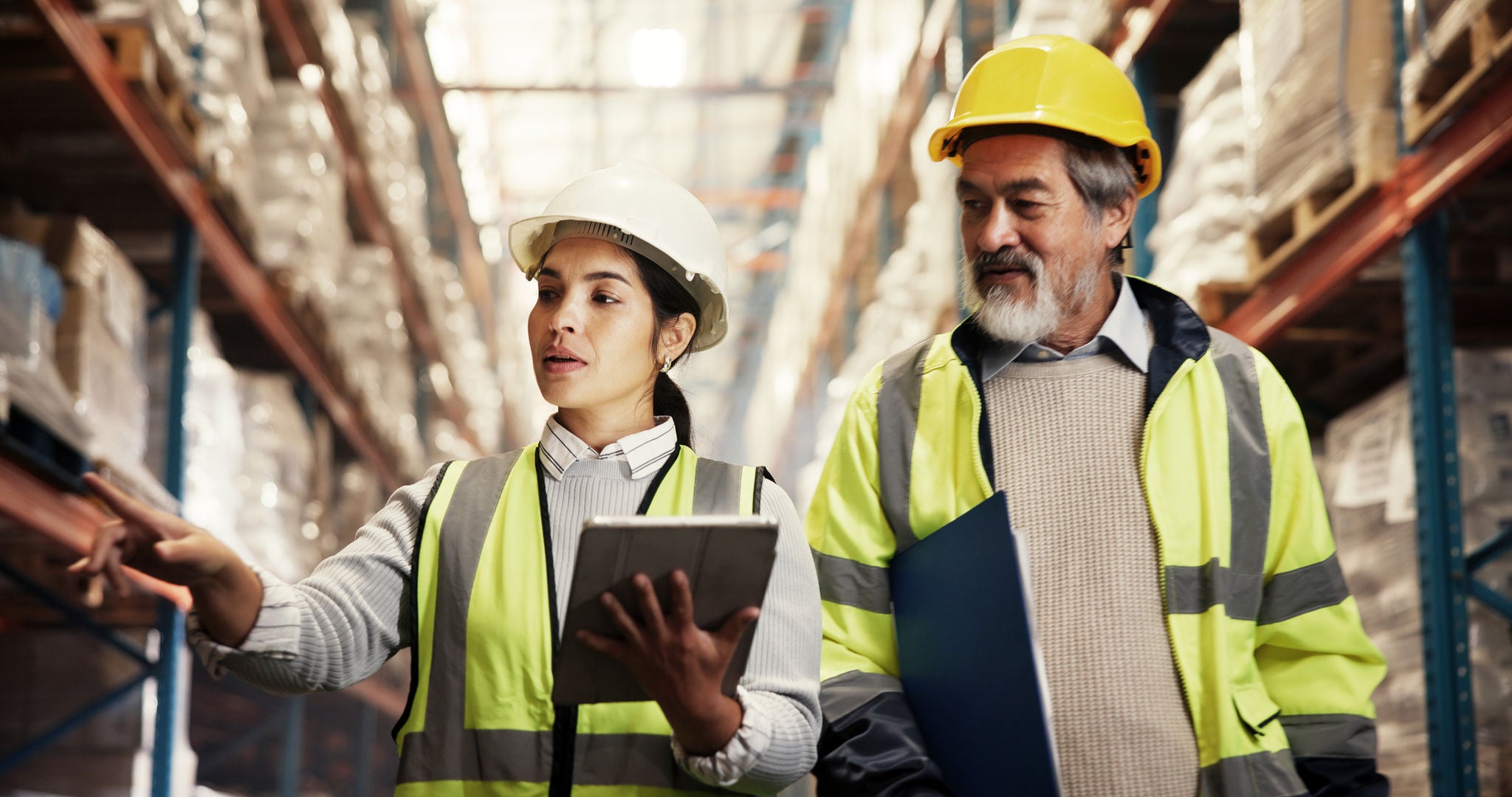 Logistics, people and inventory inspection with tablet for stock count, cargo distribution or storage management. Supply chain, teamwork and digital checklist for quality control or warehouse backlog.